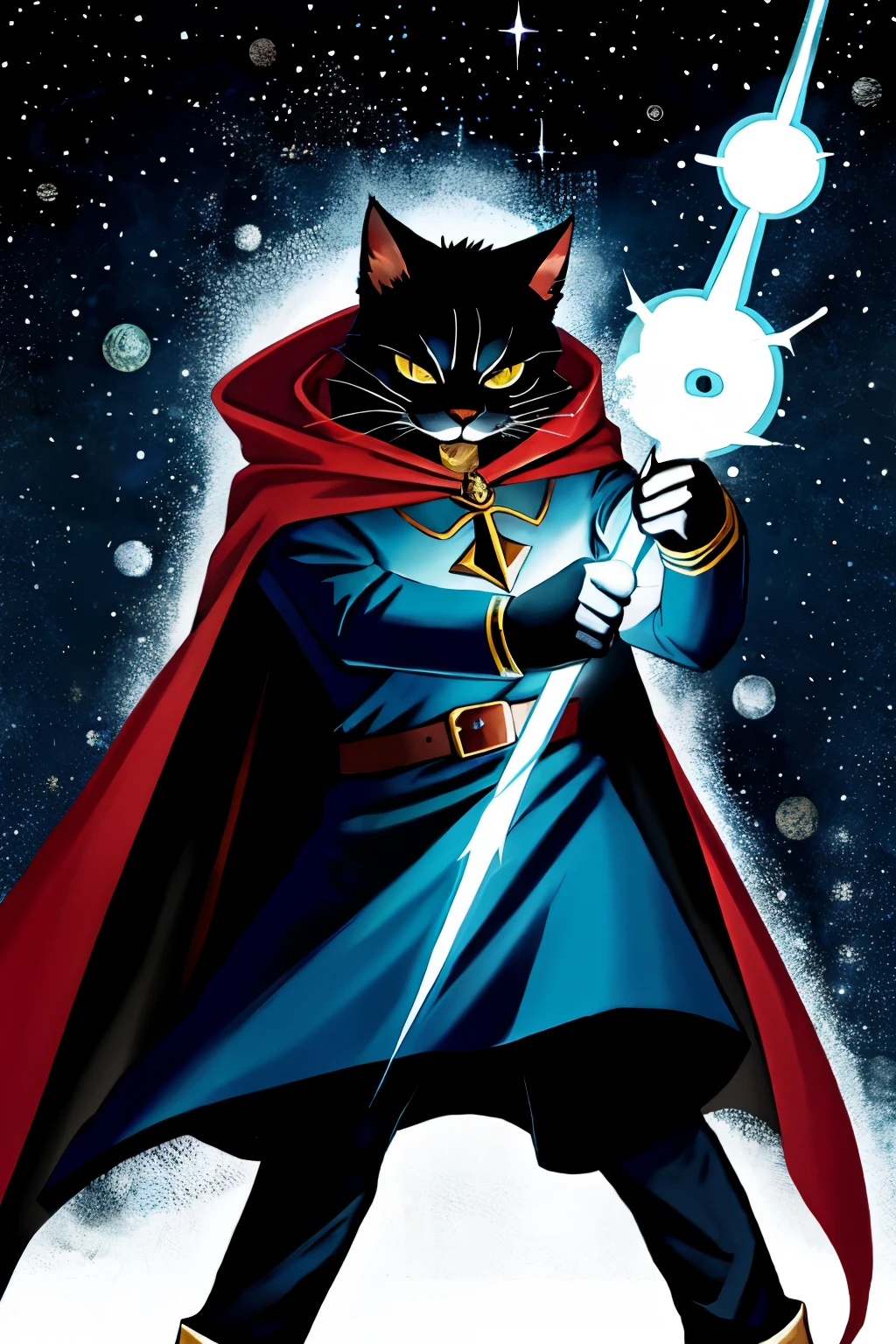 Sorcerer cat with cape, angry, using his powers