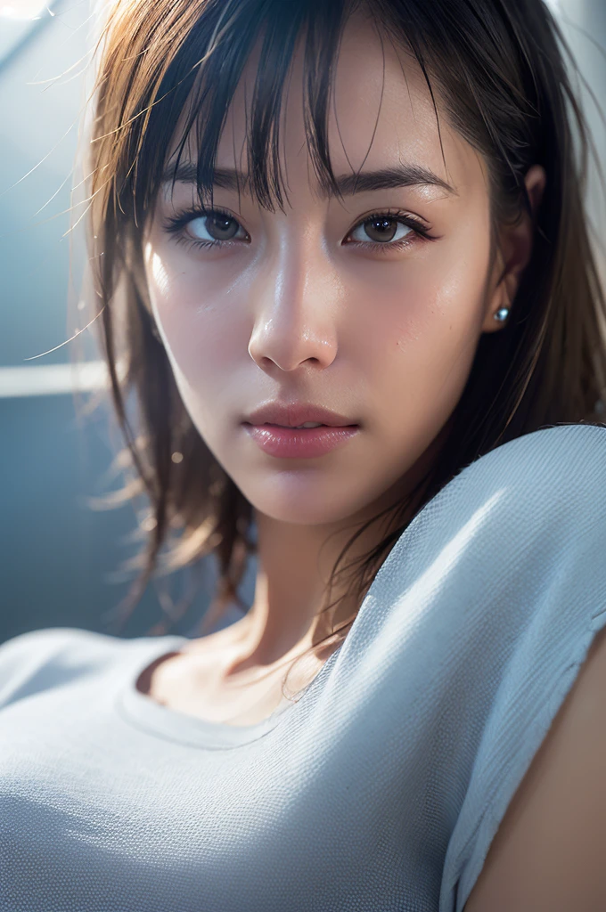 Dressed, (photo Realistic:1.4), (hyper Realistic:1.4), (Realistic:1.3),
(Smoother lighting:1.05), (映画の照明Improvement of quality:0.9), 32k,
One Girl,20-year-old girl, Realistic lighting, Backlight, Light on the face, Ray Tracing, (Bright light:1.2), (Improvement of quality:1.4),
(Highest Quality Real Texture Skins:1.4), Detailed drawn eyes, Face drawn in detail,
(tired and sleepy and joy), (smile:0), Face close-up, T-Shirts,
(Enhances the body line:1.1), (Enhances the beauty of skin texture:1.1)