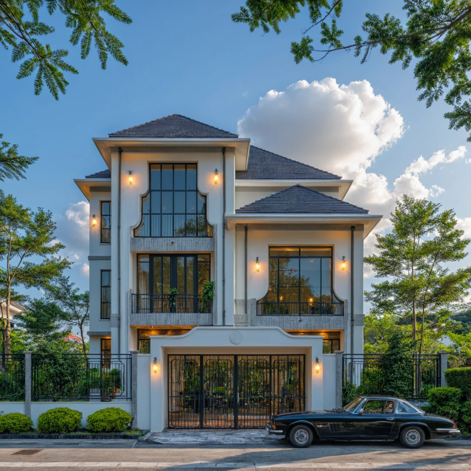 Masterpiece, 4k pixcel, high quality, best quality, authentic, super detail, outdoors, onestoreyvillaXL, aiaigroup ,stairs, white wall ,road,pavement, grass, trees, sky, cloud, (daylight:1.1) swimming pool, Increase image clarity, classic style, indochine style house on street