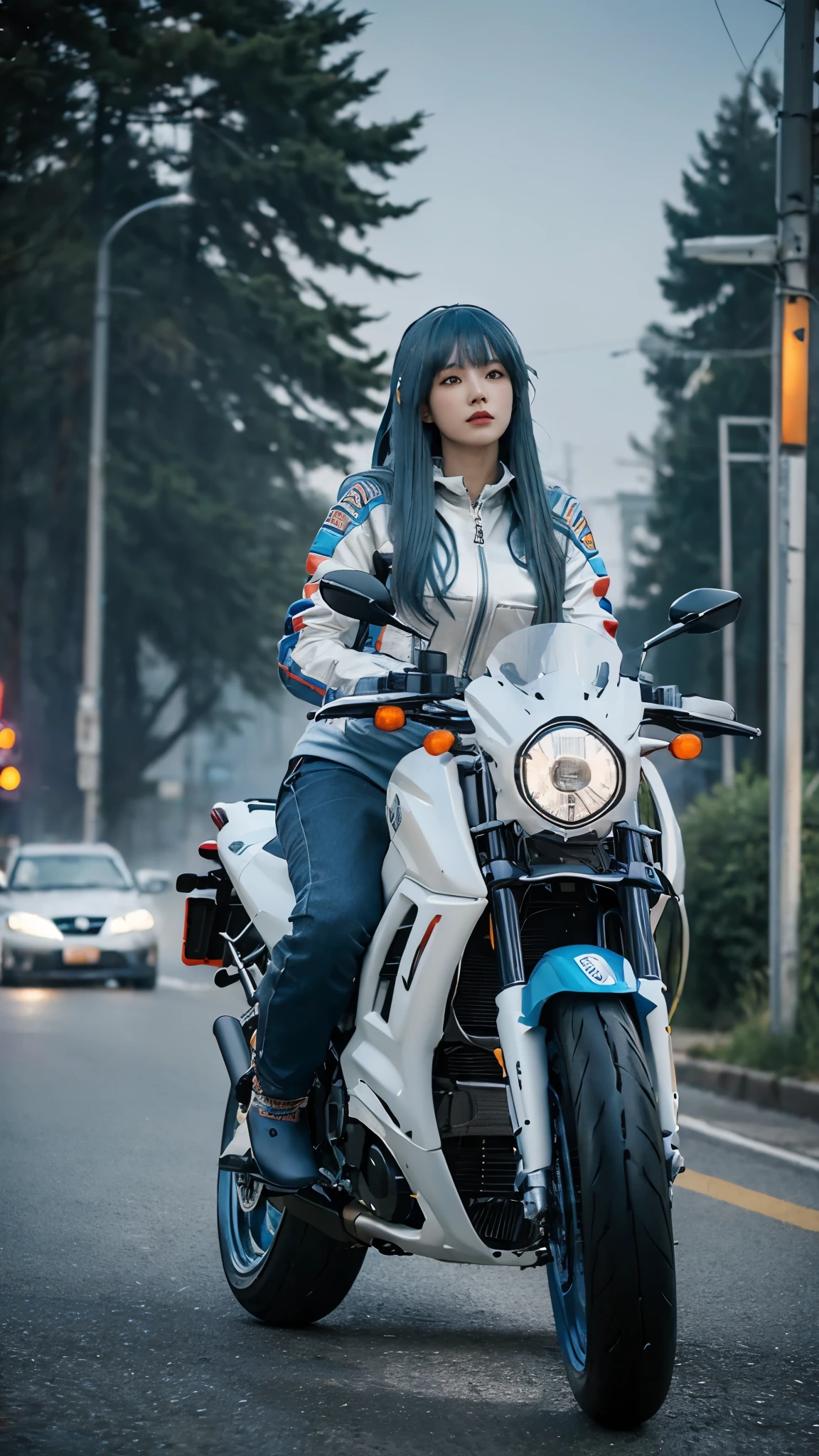 realism,
1girl,solo,
ssugar008_jp_girl,(blue hair:1.4),long hair,asymmetric bangs,pointy hair,huge breasts,narrow_waist,slender,white skin,sweat,
techwear,gloves,long_sleeves,multicolored jacket,black pants,hood,bag,backpack,helmet,zipper,cyberpunk,
Ducati,driving a ducati motorcycle,(riding a motorcycle:1.3),(driving a motorcycle:1.3),white motorcycle,motorcycle,
ruanyi0730,(winter:1.2),dusk,(foggy weather:1.4),
(full body:1.4),(full_shot:1.4),front view,