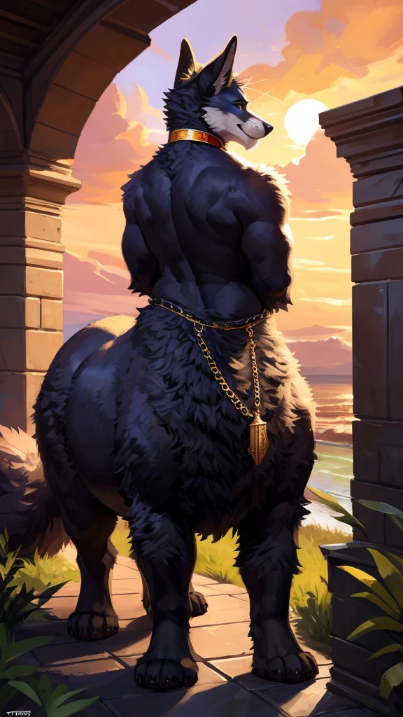 There is one adult character on this picture. The character is a slender anthropomorphic male black horse, black fur, slender character, slender, barefoot, digitigrade, hooves, horse tail, male bare chest, bare chested male, topless male, black nipples, black areolas, nude, naked, black balls, visible balls, balls, black testicles, visible testicles, testicles, black flaccid penis, visible black flaccid penis, black flaccid penis, visible male genitals parts, nsfw. The scene takes place on lavender field. The character is walking on a lavender field. Lavender field on the background. South european village the background. Mediterranean village on the background. Day. Warm light. Summer. Fullbody. Full body.