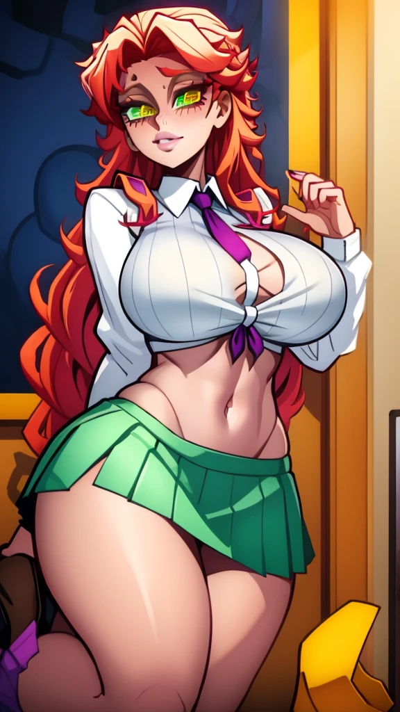 a sexy girl Big breast sensual beautiful popularity beautiful long curly yellow hair her green eye cute pink lip she wears a white button-down shirt tied knot shows navel shows chest Purple bra and a short green skirt black heel