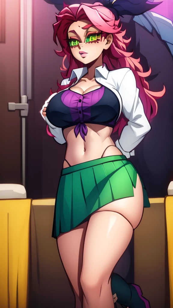 a sexy girl Big breast sensual beautiful popularity beautiful  long curly yellow hair her green eye cute pink lip she wears a white button-down shirt tied knot shows navel shows chest Purple bra and a short green skirt black heel