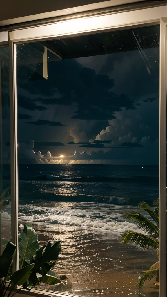 Rainy scenery seen from a tropical window Beach view from the window Night view