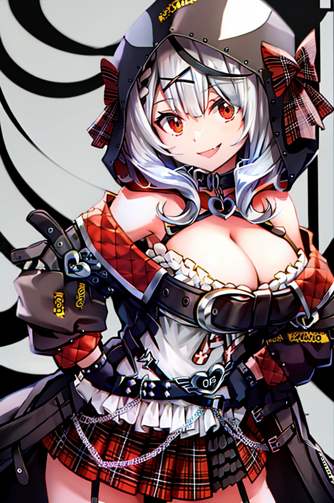 skirt, red eyes, cleavage, gloves, fingerless gloves, grey hair, multicolored hair, looking at viewer, x hair ornament, hood, streaked hair, hand on hip, smile, fang, black gloves, plaid skirt, garter straps, hair ornament, jacket, large breasts, animal hood, sakamata chloe, sakamata_default, bare shoulders