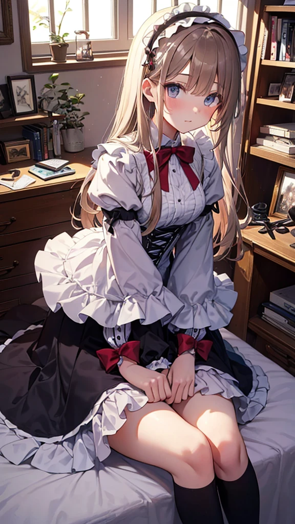 (masterpiece, best quality:1.3), 1 girl, 独奏, ager,(top quality eyes:1.3),18 year old girl、Loliashion in my room。A girl wearing a pink frilly dress with lots of lace and ribbons。It features puff sleeves and a knee-length skirt.、The head dress also has a ribbon attached.。In the background there is a bookshelf and a dressing table.、A soft light shines through the window。There is a bed in one corner of the room.、On top of it is a stuffed toy。