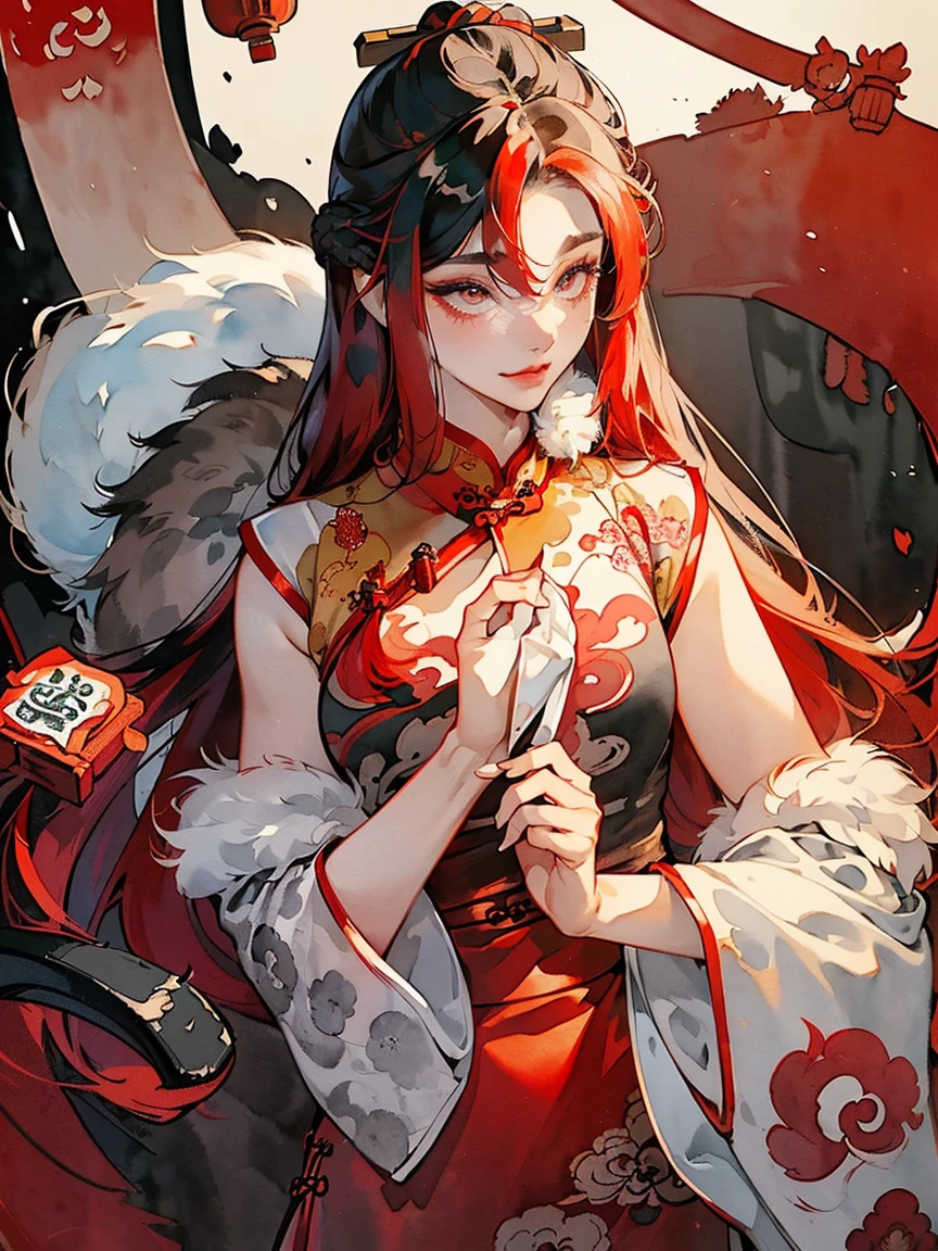 (((((((Chinese Ink Painting，Watercolor，Ancient Chinese cheongsam,Wipe Chest,Face红，Fur cuffs,)))))))，((1 Girl,young,Astonishing,Clear focus,Cute girl，Solitary,))(masterpiece,best quality, Official Art, Beautiful and aesthetic:1.2),((Ultra-high resolution,Golden Ratio,)) (16K),((from above，Succubus，Full figure)),(Physically Based Rendering),Astonishing,Clear focus, (((High Detail Skin,))),Exquisitely detailed clothing，Delicate pupils,Star Student,Crimson pupils,Danfeng Eye,((((Fine hair,Long hair|Furry Cut|#1: Bold Long Side Bangs|Exquisite tailoring|Undercut)))),slim,(masterpiece侧光),(luster),(Beautiful hair,漂亮的Eye,）[[Delicate fingers and hands:0.55]::0.85],(Detail fingers),((Unbelievable and ridiculous,)),((extremely_detailed_Eye_and_Face)),Movie Girl,(Dynamic Configuration: 1.2),outstanding,smooth, (Reality), The rear window lighting is backlit,Gloves, ((hairpin)), Side Rock,High boost, Double-sided fabric,(Dynamic poses),Messy hair,Ultra-precise depiction, Ultra-fine drawing,