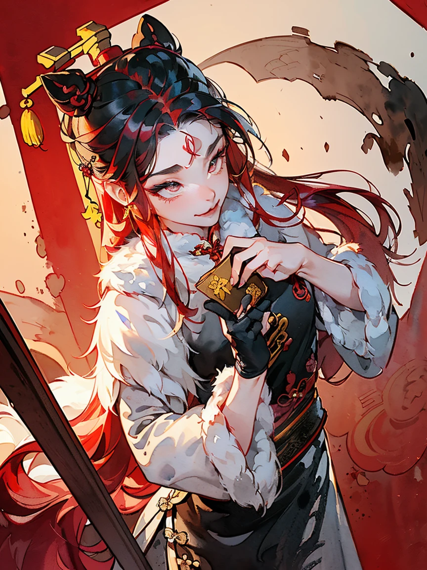 (((((((Chinese Ink Painting，Watercolor，Ancient Chinese cheongsam,Wipe Chest,Face红，Fur cuffs,)))))))，((1 Girl,young,Astonishing,Clear focus,Cute girl，Solitary,))(masterpiece,best quality, Official Art, Beautiful and aesthetic:1.2),((Ultra-high resolution,Golden Ratio,)) (16K),((from above，Succubus，Full figure)),(Physically Based Rendering),Astonishing,Clear focus, (((High Detail Skin,))),Exquisitely detailed clothing，Delicate pupils,Star Student,Crimson pupils,Danfeng Eye,((((Fine hair,Long hair|Furry Cut|#1: Bold Long Side Bangs|Exquisite tailoring|Undercut)))),slim,(masterpiece侧光),(luster),(Beautiful hair,漂亮的Eye,）[[Delicate fingers and hands:0.55]::0.85],(Detail fingers),((Unbelievable and ridiculous,)),((extremely_detailed_Eye_and_Face)),Movie Girl,(Dynamic Configuration: 1.2),outstanding,smooth, (Reality), The rear window lighting is backlit,Gloves, ((hairpin)), Side Rock,High boost, Double-sided fabric,(Dynamic poses),Messy hair,Ultra-precise depiction, Ultra-fine drawing,