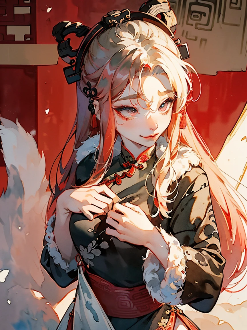 (((((((Chinese Ink Painting，Watercolor，Ancient Chinese cheongsam,Wipe Chest,Face红，Fur cuffs,)))))))，((1 Girl,young,Astonishing,Clear focus,Cute girl，Solitary,))(masterpiece,best quality, Official Art, Beautiful and aesthetic:1.2),((Ultra-high resolution,Golden Ratio,)) (16K),((from above，Succubus，Full figure)),(Physically Based Rendering),Astonishing,Clear focus, (((High Detail Skin,))),Exquisitely detailed clothing，Delicate pupils,Star Student,Crimson pupils,Danfeng Eye,((((Fine hair,Long hair|Furry Cut|#1: Bold Long Side Bangs|Exquisite tailoring|Undercut)))),slim,(masterpiece侧光),(luster),(Beautiful hair,漂亮的Eye,）[[Delicate fingers and hands:0.55]::0.85],(Detail fingers),((Unbelievable and ridiculous,)),((extremely_detailed_Eye_and_Face)),Movie Girl,(Dynamic Configuration: 1.2),outstanding,smooth, (Reality), The rear window lighting is backlit,Gloves, ((hairpin)), Side Rock,High boost, Double-sided fabric,(Dynamic poses),Messy hair,Ultra-precise depiction, Ultra-fine drawing,
