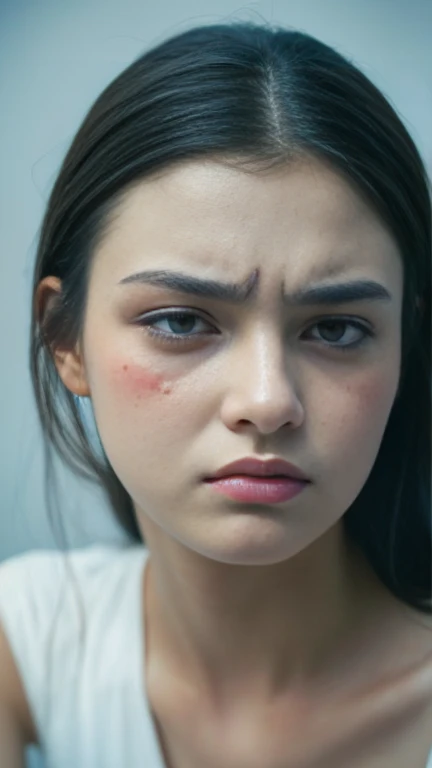 Gorgeous girl, white body, face like pain, feeling sick, depressed expression, super detailed.