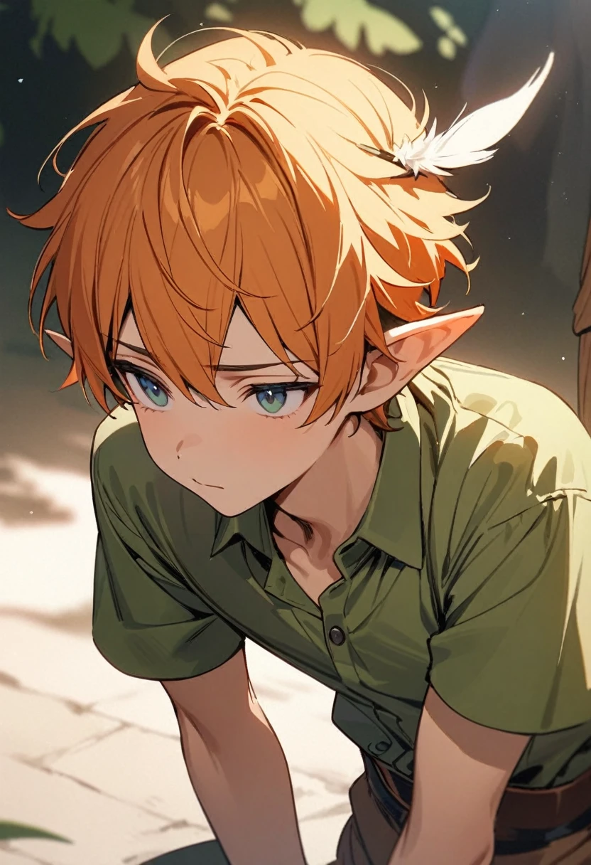 masterpiece, Highest quality, One boy, Peter Pan, alone, close, short hair, Orange Hair, green collared shirt, Short sleeve, Hat feathers, Male Focus, Pointed Ears,