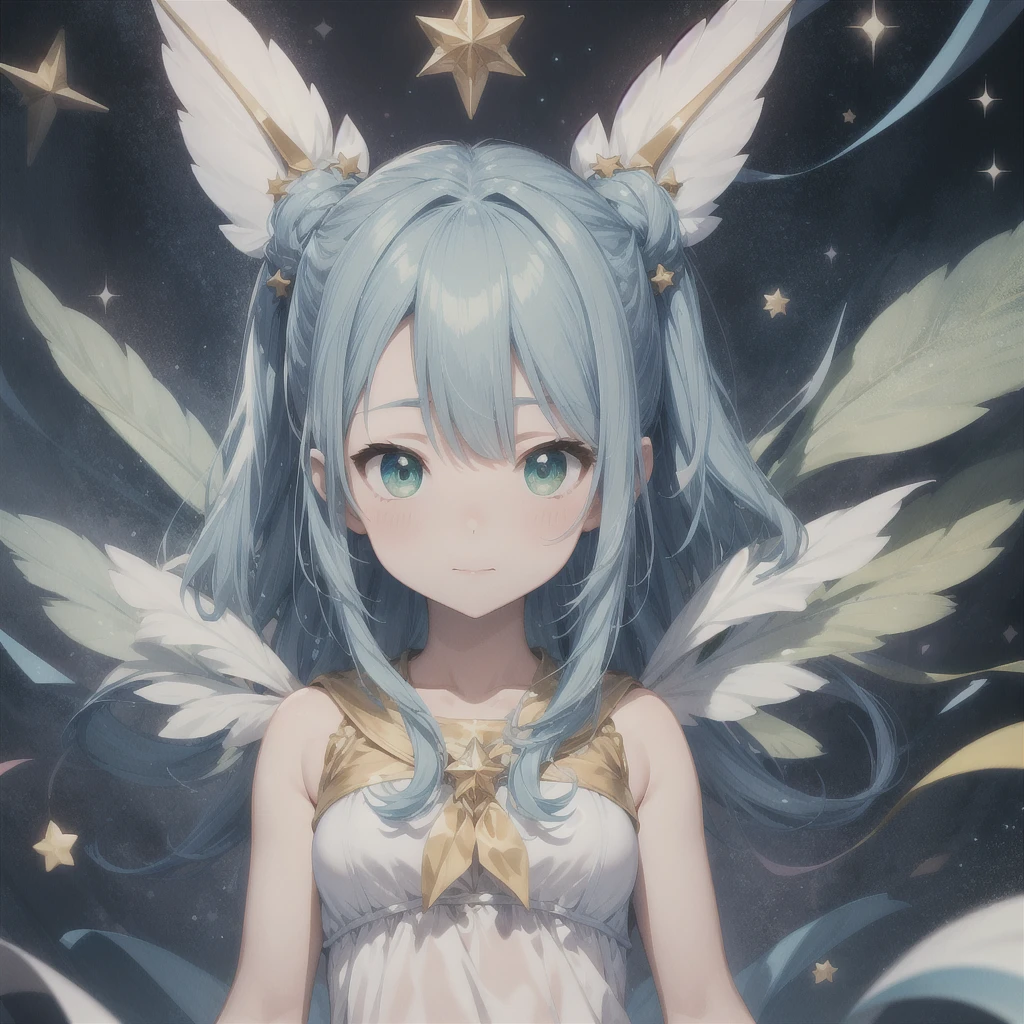 1girginal cute hairstyle、Star Fairy、Star incarnation、Character design front view、A picture facing the viewer、(((Super detailed、Highest quality、Masterpiece)))、Original cute hairstyle、Milky white and blue hair color、Simple Green Background、vtuber-fullbody,K, 