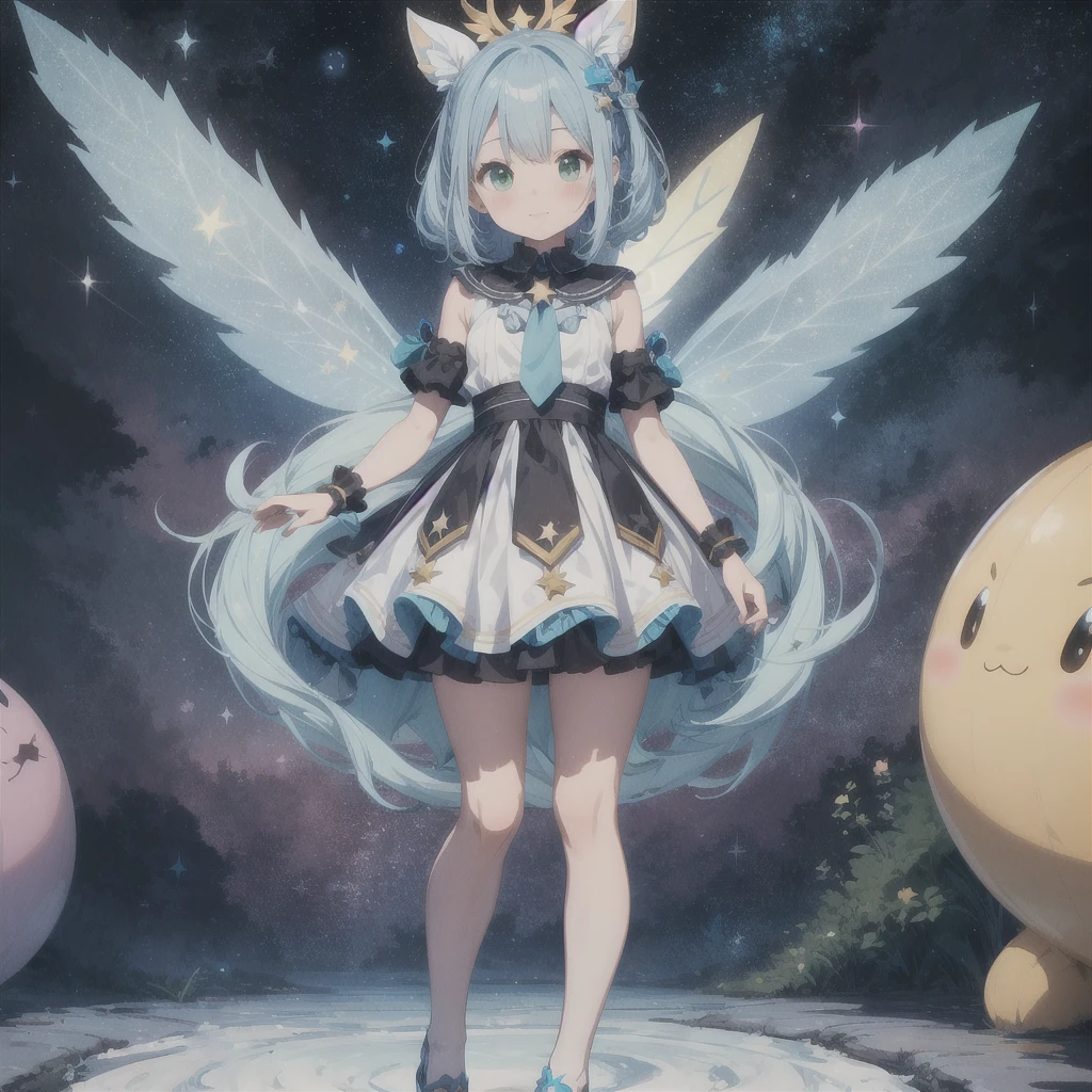 1girginal cute hairstyle、Star Fairy、Star incarnation、Character design front view、A picture facing the viewer、(((Super detailed、Highest quality、Masterpiece)))、Original cute hairstyle、Milky white and blue hair color、Simple Green Background、vtuber-fullbody,K, 