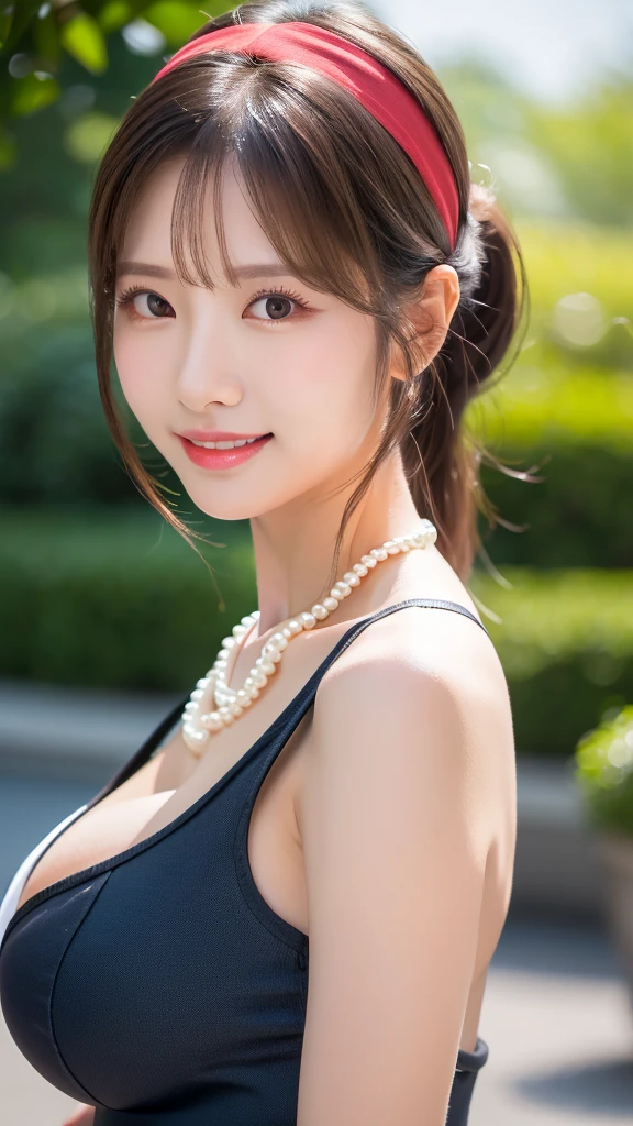 (8k, raw, masterpiece: 1.5), (professional photograph, sharp: 1.2), (natural sun light), (soft shadow), (photorealistic: 1.4), perfect dynamic composition, (1 girl), (Ultra-detailed face and skin), gorgeous face, perfectly proportioned face, dark brown eyes, round eyes, beautiful eyes, glossy eyes, high nose bridge, blush, plump lips, really moist skin, white skin, (delicate skin:1.4), (latex skin:0.4), (perfect glowing skin:0.6), (black colored ponytail hair, bangs), (hourglass figure), (large breast: 1.2), Refined expression, smile gently at the camera, looking at camera, pearl necklace, red headband, blue shirtdress