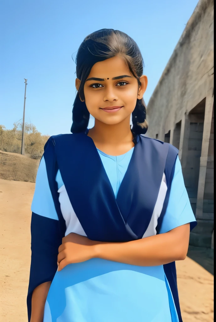Raw photo , 1 girl ,Wearing salwar kameez uniform, teen school girl, with plait , professional photographer, (hdr:1.4), masterpiece, ultra-realistic 8k, perfect artwork, intrincate details, cute face, award winning photograph, (Best quality, 8k, 32k, Masterpiece, UHD:1.3)