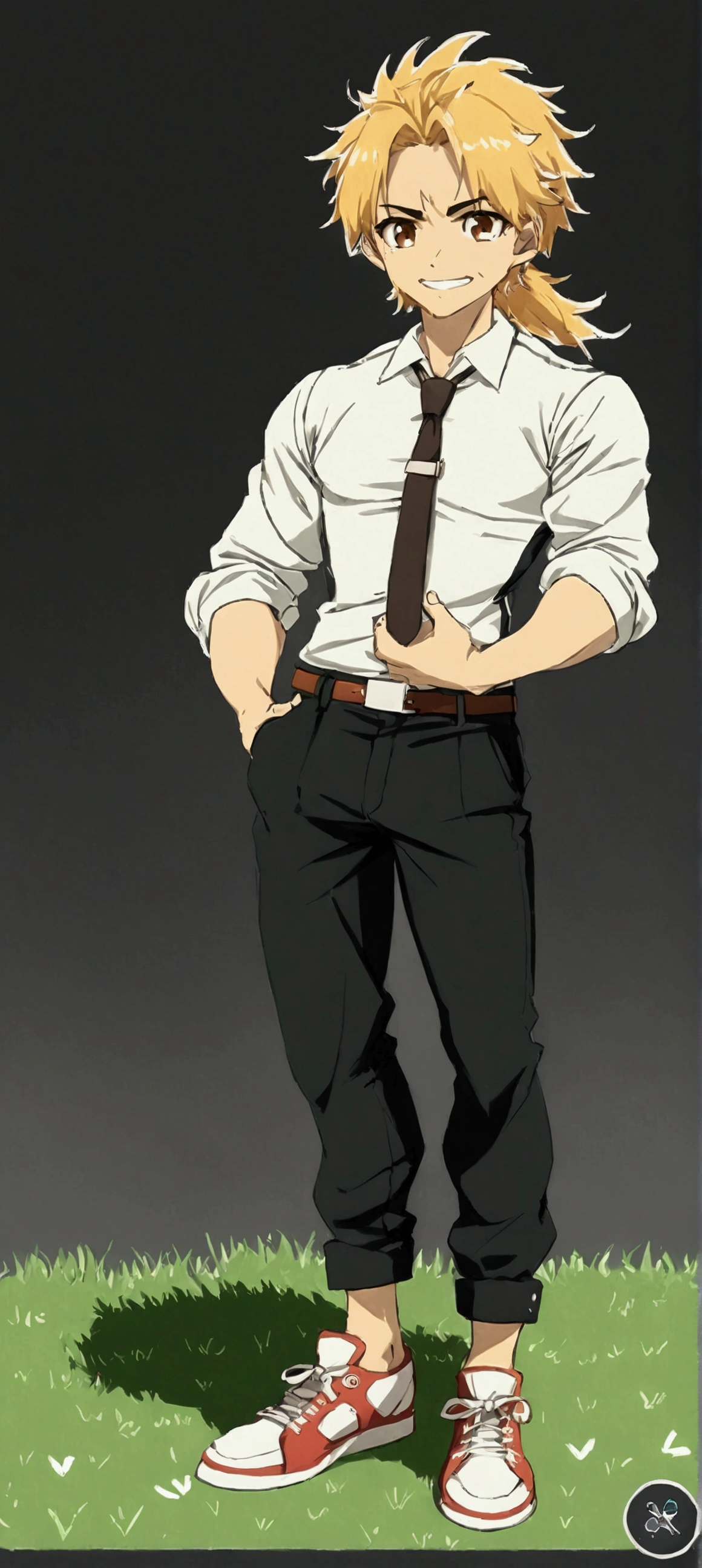 Boy with tanned complexion, slim face with a defined jaw, indus traits, athletic body build, arms with subtle muscles, Brown eyes, hair tied in a low ponytail, grass green hair, messy hair, tall, he wears a black jacket, a white shirt and a tie. Black pants and shoes. Expression of satisfaction and confidence.