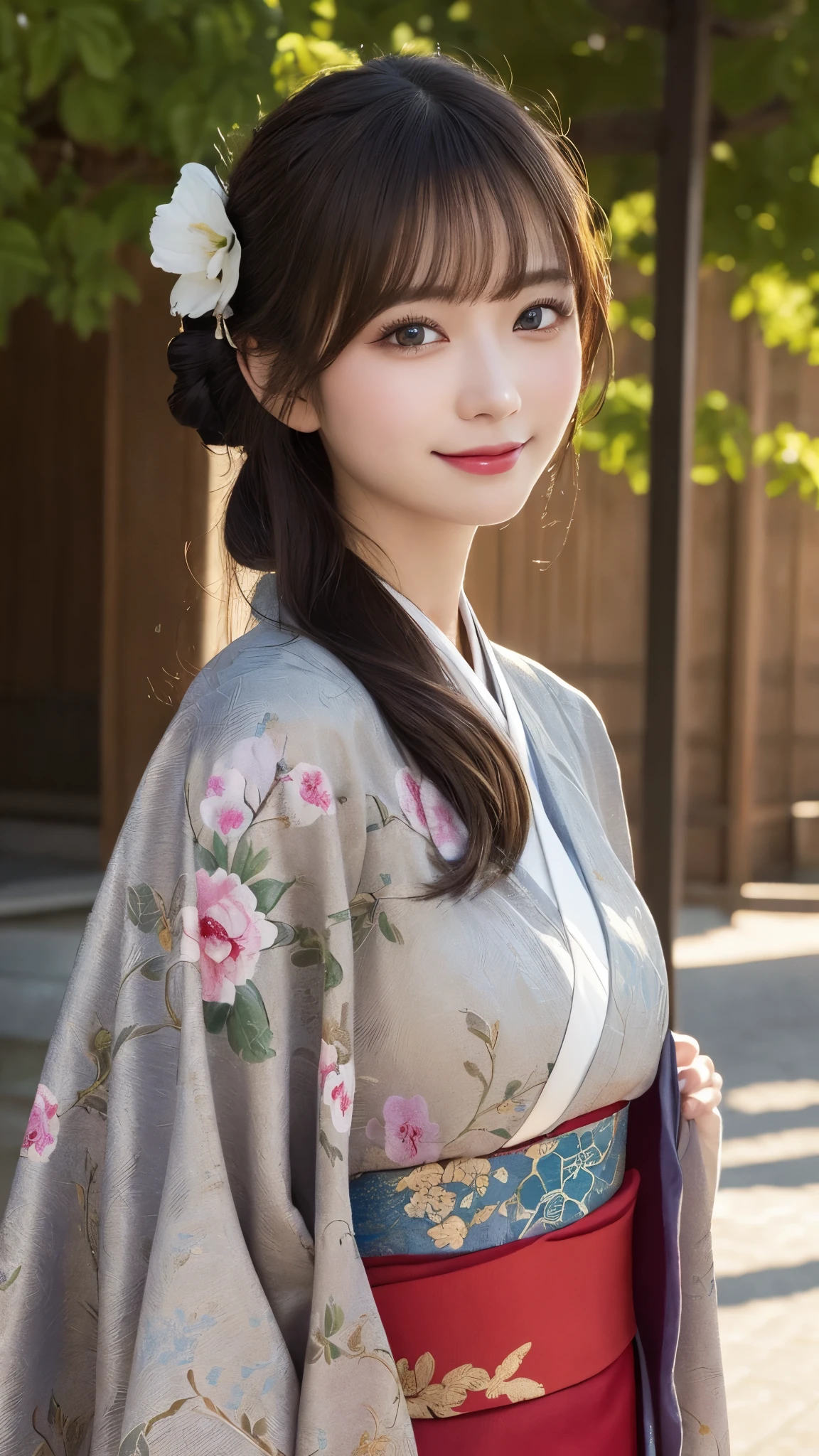 masterpiece, best quality, illustration, ultra-detailed, finely detailed, high resolution, 8K wallpaper, perfect dynamic composition, beautiful detailed eyes, traditional Japanese setting, elegant pose, kimono, smile, looking at camera