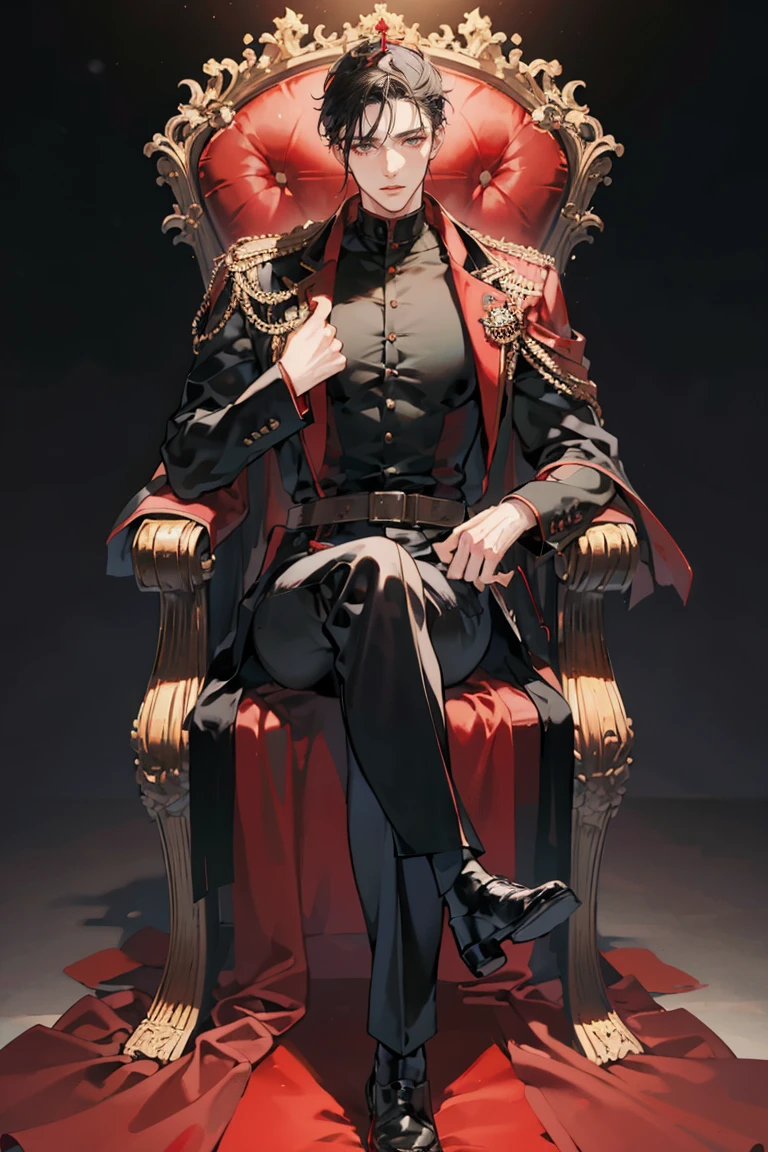 anime - (masterpiece), best quality, seductive eyes, mature face, black eyes, short slicked back black haircut, plain black polo, red coat, black pants, tall man, long legs, masculine, massive body, adult-like, full body, adult king, he's sitting on a red throne with a crown on the handle of the throne