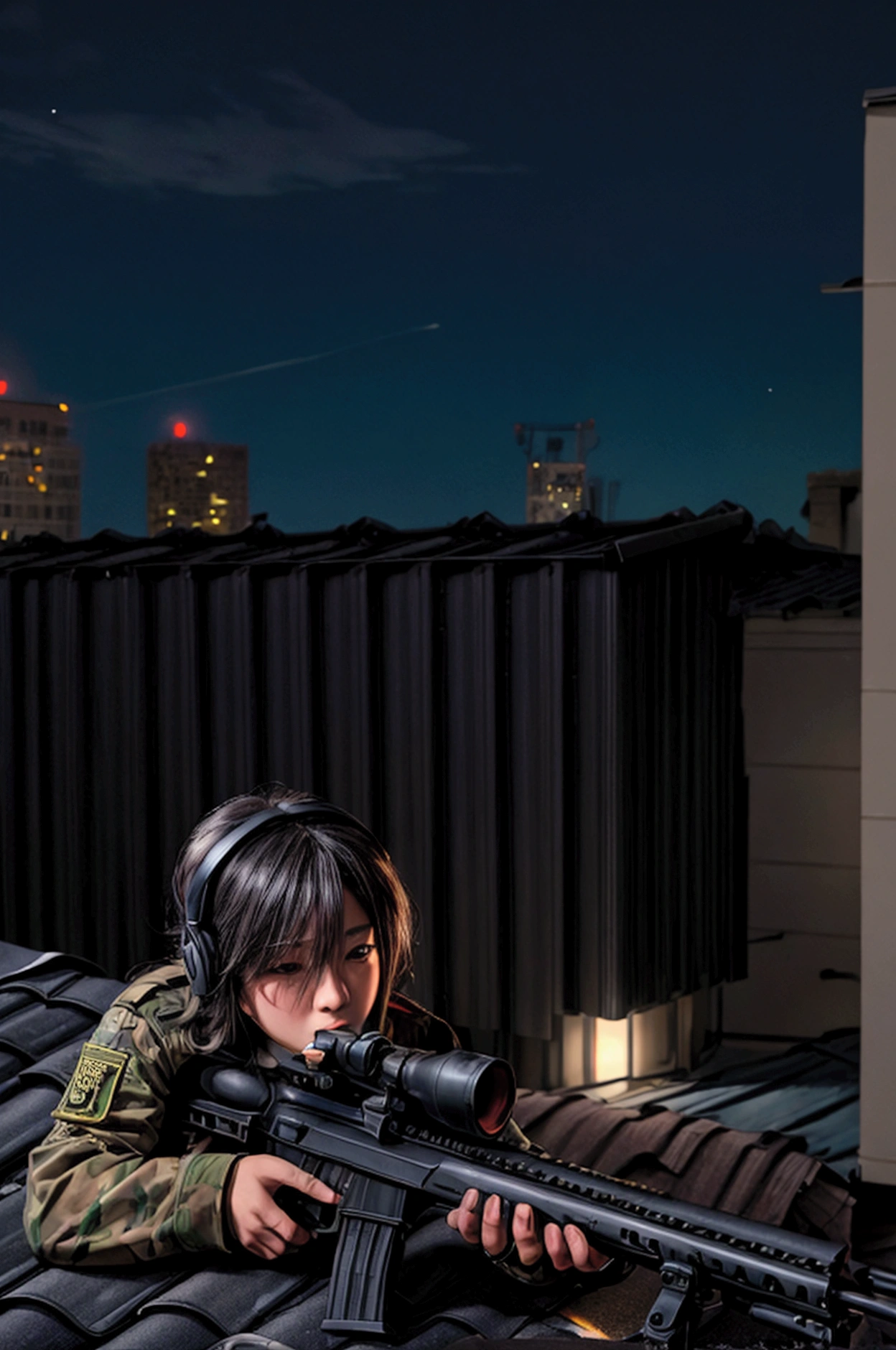 masterpiece,Highest quality,8k,High resolution,Raw photo,Professional,
Physically Based Rendering,Thin contours,
(Night cityscape,A sniper shoots at a target on the roof of another building:1.3),
He hides in a corner of the rooftop with his rifle at the ready. (The rifle is assembled)
(Lie face down with a rifle in hand),(Wearing a black headset),
(I&#39;m excited with anticipation),
