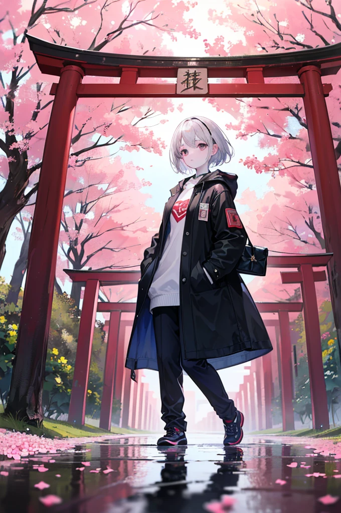 (Thousand Red Torii Gates),(Cherry blossom trees),coat,Put your hands in your pockets,(student, 18-year-old,beauty, Her short silver hair sways,Pale skin),(Shine in the sky), Beautiful starry sky,There are puddles on the ground、The scenery is beautiful, Colorful flowers are blooming everywhere, I see the wind blowing and shining,From below, break ,Highest quality\(8k,非常に精細なCGユニットのwallpaper, masterpiece,High resolution,Highest quality,Highest quality real texture skin,Surreal,Increase the resolution,RAW Photos,Highest quality,Very detailed,wallpaper,Cinema Lighting,Ray Tracing,Golden Ratio\),Have a long-term perspective,Anatomically correct.