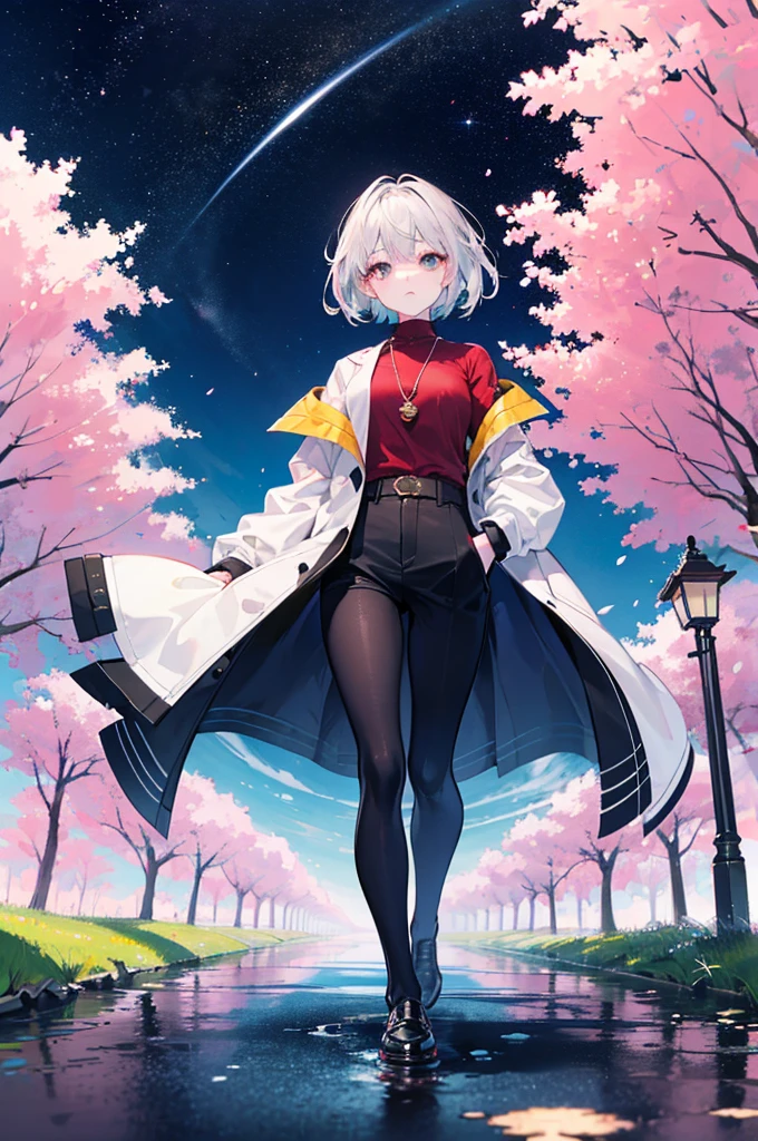 (Thousand Red Torii Gates),(Cherry blossom trees),coat,Put your hands in your pockets,(student, 18-year-old,beauty, Her short silver hair sways,Pale skin),(Shine in the sky), Beautiful starry sky,There are puddles on the ground、The scenery is beautiful, Colorful flowers are blooming everywhere, I see the wind blowing and shining,From below, break ,Highest quality\(8k,非常に精細なCGユニットのwallpaper, masterpiece,High resolution,Highest quality,Highest quality real texture skin,Surreal,Increase the resolution,RAW Photos,Highest quality,Very detailed,wallpaper,Cinema Lighting,Ray Tracing,Golden Ratio\),Have a long-term perspective,Anatomically correct.