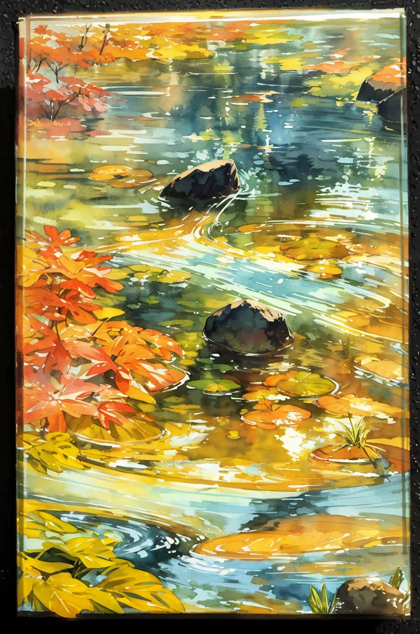 Plain green space scenery,Pool wetland green plants,Flowing water sparkles,The colors are distinct and blended,Clear changes in light and shadow,Silky smooth and delicate watercolor painting