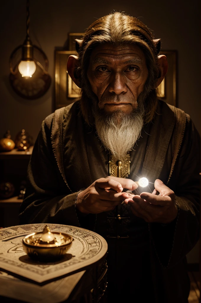 monkey mask ,(Masterpiece:1.2), (Best Quality), Detailed, UHD, Cinematic Lighting, sharp focus, (illustration:1.1), intricate, Old Wizard with long white , wearing a , pondering a glowing orb, in a dimly lit room, magician's room, glowing lights, flickering lights, Best Quality, High Resolution., unreal engine, 8k, super detail, Gold solar eclipse ,stars war illustration,