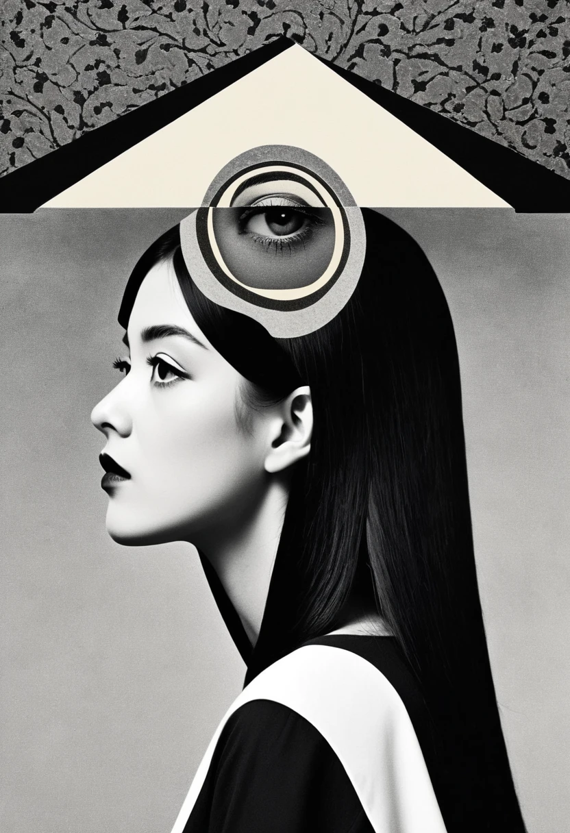 Man Ray：dadaist。Minimalist geometry，Multi-layer collage，Irregularly cropped photos to create a collage，Gray empty，(masterpiece, best quality, Extremely detailed), delicate patterned, Detailed background,
(1 Girl), Solitary, Bankruptcy, 
Single Cream, black and white, (Split screen) Long black hair wearing black clothes，Short white hair wearing white clothes, Flip horizontally, symmetry, Clear edges, High contrast,