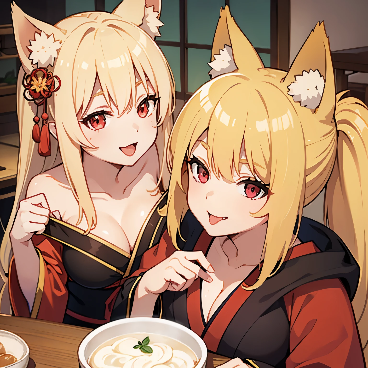 Highest quality、Big Breasts、Cleavage、Fox Ears、long blond、Red Eye、kimono、smile、Sticking out tongue、Japanese-style room