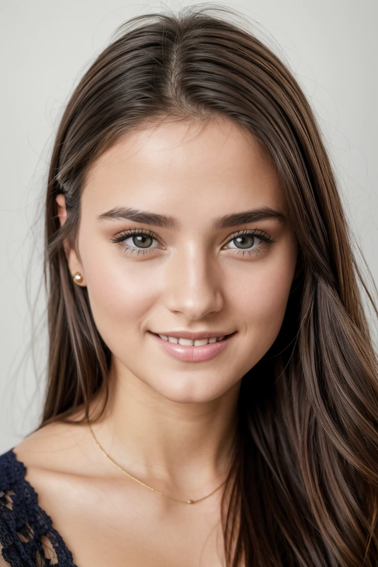 Create an image of a 19-year-old European girl. She has a cute and youthful appearance with a fresh, natural look. Her face radiates innocence and charm, with bright eyes and a warm smile. She has soft, wavy hair that frames her face beautifully. The background should be light and airy, enhancing her delicate features and overall sweetness.