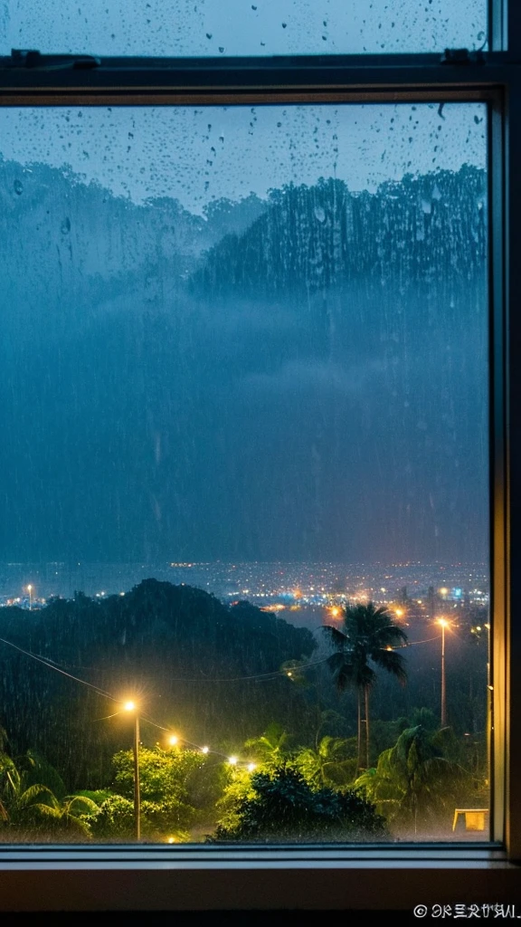 Rainy scenery seen from a tropical window　Beach view from the window　Night view
