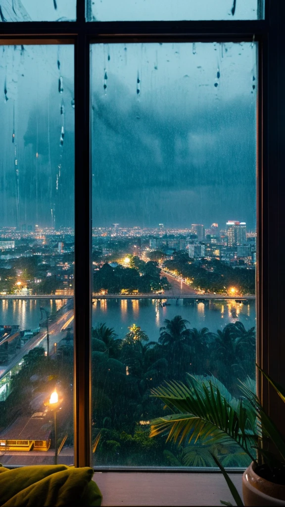 Rainy scenery seen from a tropical window Beach view from the window Night view