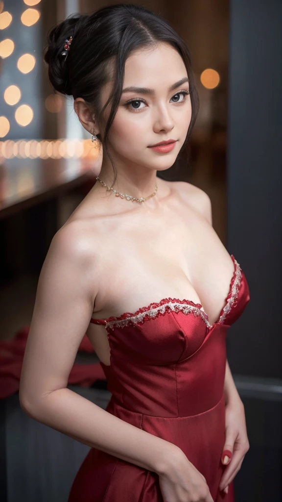 Beautiful, cute , 40 Years old russian lolita Girl, blue eyes, Red lipstick, sensual Lipstick, Sensational Make up artist, Georgeus, chignon black hair, hair ornaments, ((adorable:1.2)), ((masterpiece:1.1)), ((bokeh:1.2)), instagram photo, closeup face photo of 40 y.o Chloe in kebaya, Red Lipstick, sensual Lipstick, Sensational Make Up, cleavage, pale skin, (smile:0.4), hard shadows, Red G-STRING, bright lighting