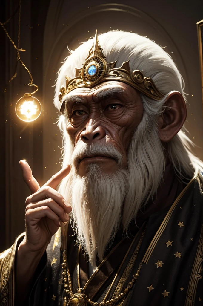 monkey mask ,(Masterpiece:1.2), (Best Quality), Detailed, UHD, Cinematic Lighting, sharp focus, (illustration:1.1), intricate, Old Wizard with long white , wearing a , pondering a glowing orb, in a dimly lit room, magician's room, glowing lights, flickering lights, Best Quality, High Resolution., unreal engine, 8k, super detail, Gold solar eclipse ,stars war illustration,