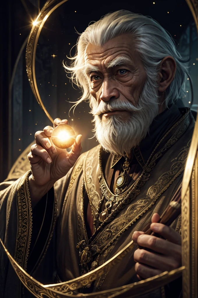 monkey mask ,(Masterpiece:1.2), (Best Quality), Detailed, UHD, Cinematic Lighting, sharp focus, (illustration:1.1), intricate, Old Wizard with long white , wearing a , pondering a glowing orb, in a dimly lit room, magician's room, glowing lights, flickering lights, Best Quality, High Resolution., unreal engine, 8k, super detail, Gold solar eclipse ,stars war illustration,