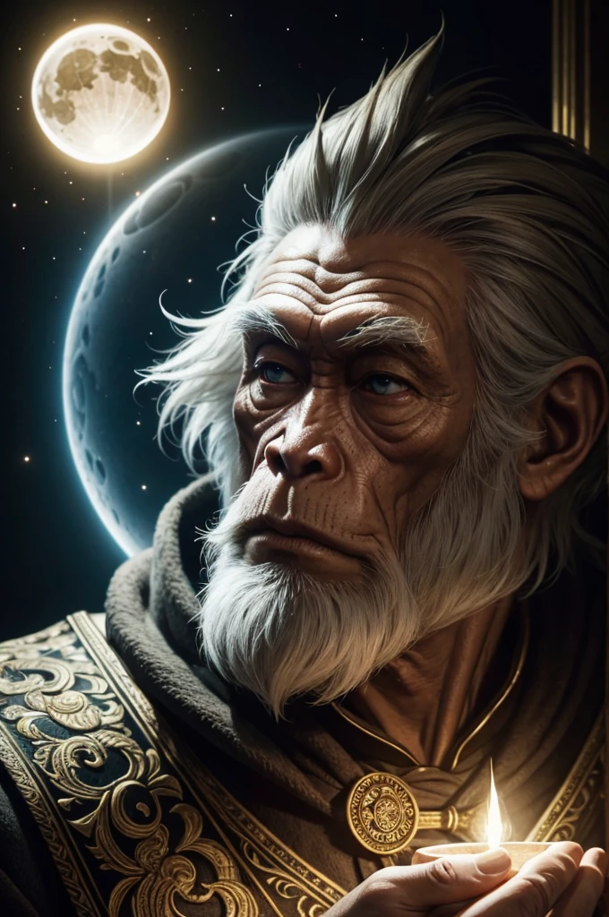 monkey mask ,(Masterpiece:1.2), (Best Quality), Detailed, UHD, Cinematic Lighting, sharp focus, (illustration:1.1), intricate, Old Wizard with long white , wearing a , pondering a glowing orb, in a dimly lit room, magician's room, glowing lights, flickering lights, Best Quality, High Resolution., unreal engine, 8k, super detail, Gold solar eclipse ,stars war illustration,