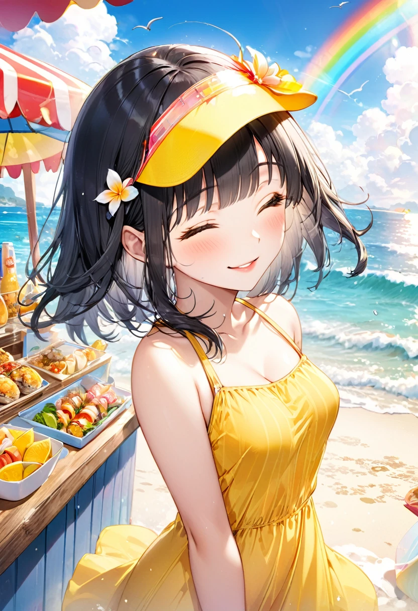 (full body, pov style), (solo:2, 15 yo, blunt bangs:1.3 black hair long hair sexy girl, sexy closed eyes, happy smile, glossy lip, sexy tits), (in a yellow summer Layered one piece dress), break, in the Beach food stalls, background Double Exposure beautiful ocean and beautiful rainbow, BREAK, perfect anatomy, masterpiece, best quality, 16k, beautiful detailed love, sexy, daydreaming expression.
