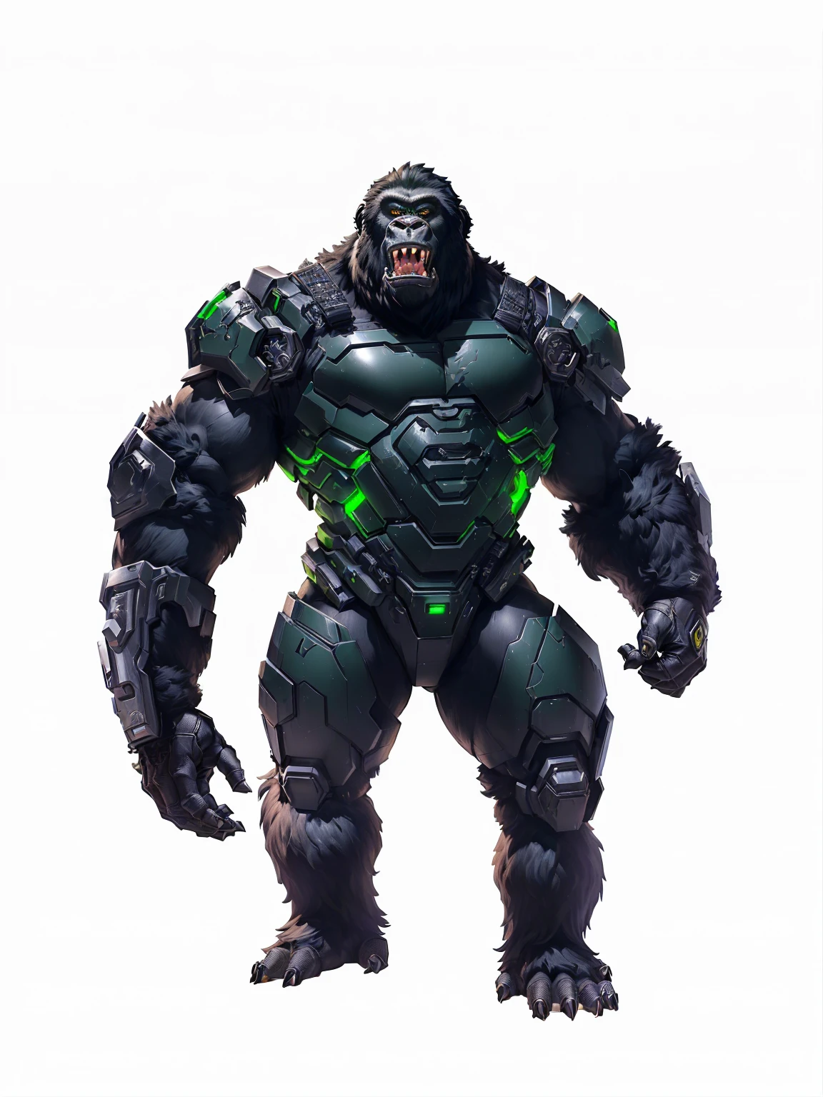 Alafee with green light and black hair on his chest, Winston the Ape from Overwatch, Gorilla, Street Rage, Hulk, King Kong, limb detail, gaping mouth, unigine rendering, character art contra, official concept art, official character art, Winston from Overwatch, I love gorillas, The Crisis nanosuit