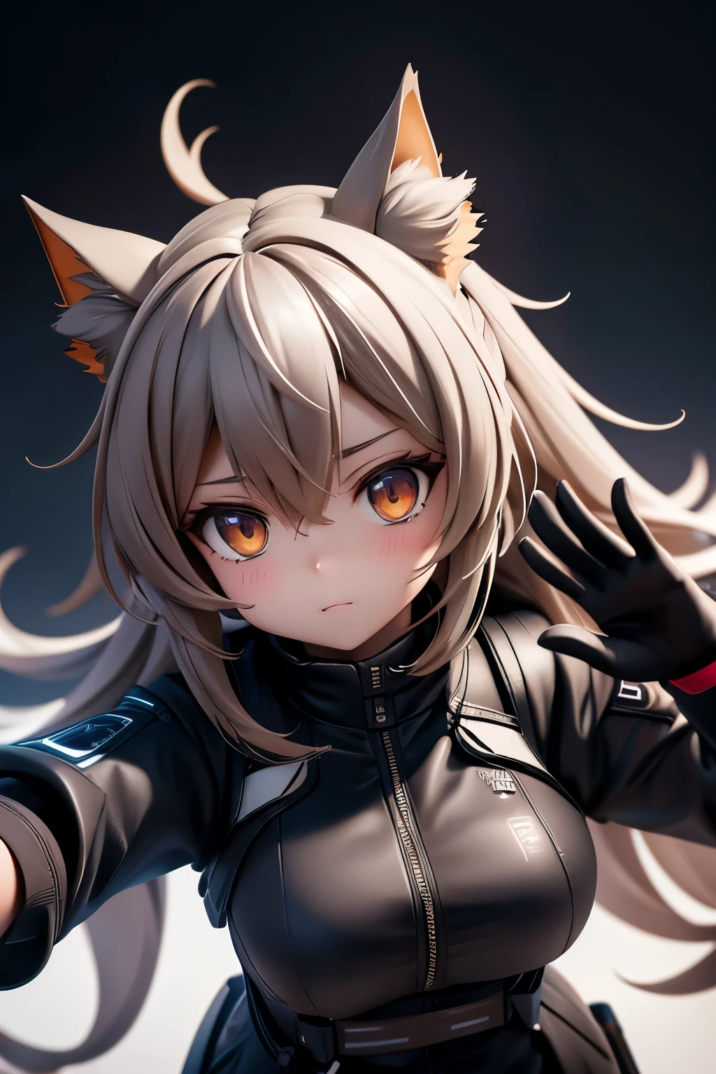 1girl, amiya \(arknights\), arknights, dirty face, outstretched hand, close-up, cinematic angle, foreshortening, dark, dark background, masterpiece, best quality