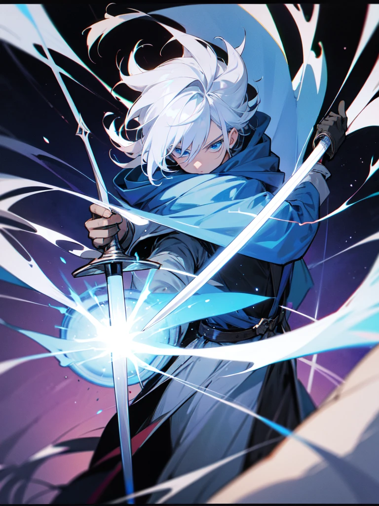 Wizard man, he has a silver hair and blue eyes, he wear a hood and wear gloves , hold sword with hand.