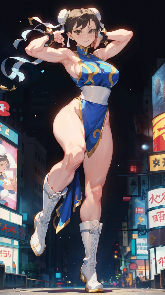 Street fighter chun li smiling, showing armpits, half naked.(((half naked))) city background, full body, white boots.