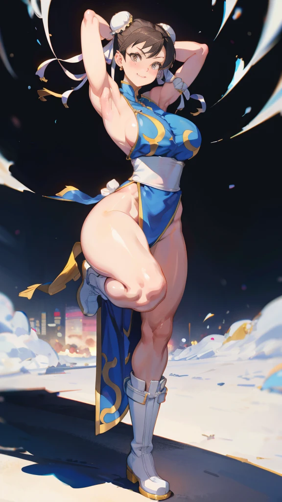 Street fighter chun li smiling, showing armpits, half naked.(((half naked))) city background, full body, white boots.