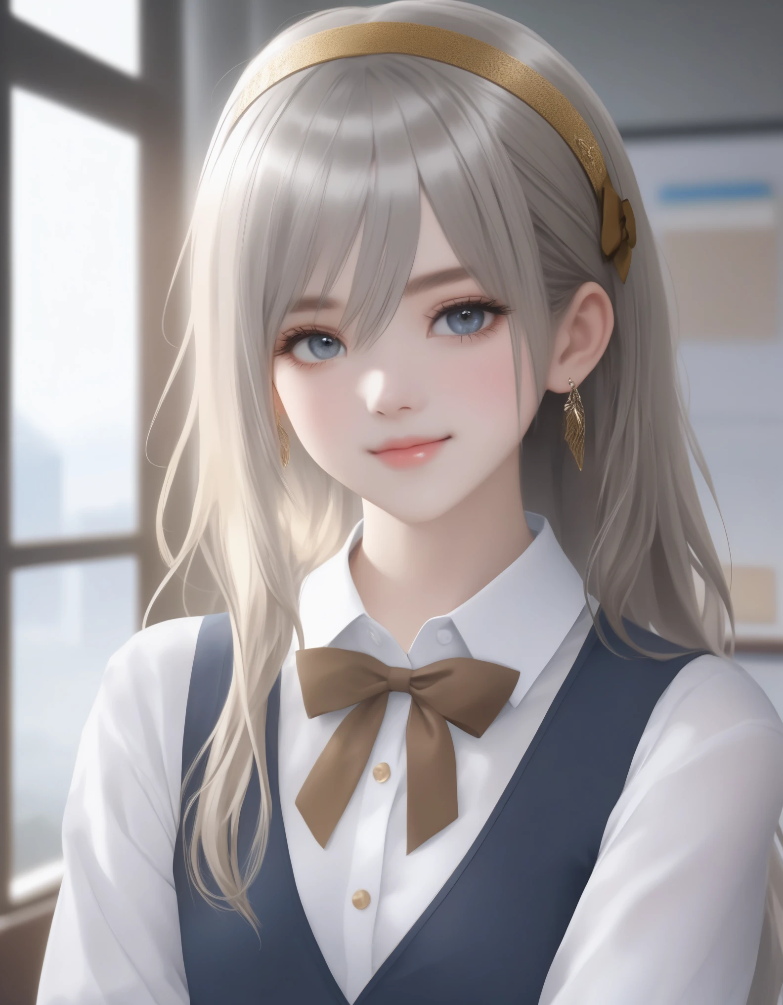 (masterpiece:1.3, Highest quality, Ultra-high resolution, Super detailed), (Realistic, photoRealistic:1.4), Beautiful illustrations, Perfect lighting, Natural light, Depth of written boundary, , 
Beautiful detailed hair, Beautifully detailed face, Beautiful attention to detail, Beautiful clavicle, Beautiful body, Beautiful breasts, Beautiful thighs, Beautiful feet, Beautiful Hands, beautiful headband, Breasts, too large udder, 
View your viewers, young, ???, little 1girl, , high school girl, Alisa Kujou, (Perfect Anatomy, Anatomically correct), Cute and symmetrical face, Baby Face, Perfect Face, Perfect Eyes, Shiny skin, 
(Long Hair, Straight hair, Sideburns, Silver Hair), Crossed bangs, Ahoge, blue eyes, Slanted Eyes, Long eyelashes, (Captivating thighs), thin, Excellent style,
(school uniform, Long sleeve light brown blazer, Grey vest, Grey pleated skirt with white lines, White collared shirt, White thigh-high socks with gold lines), Red bow tie, 
(Beautiful views), evening, (School classroom:1.2), (Cute smile, Part your lips),,