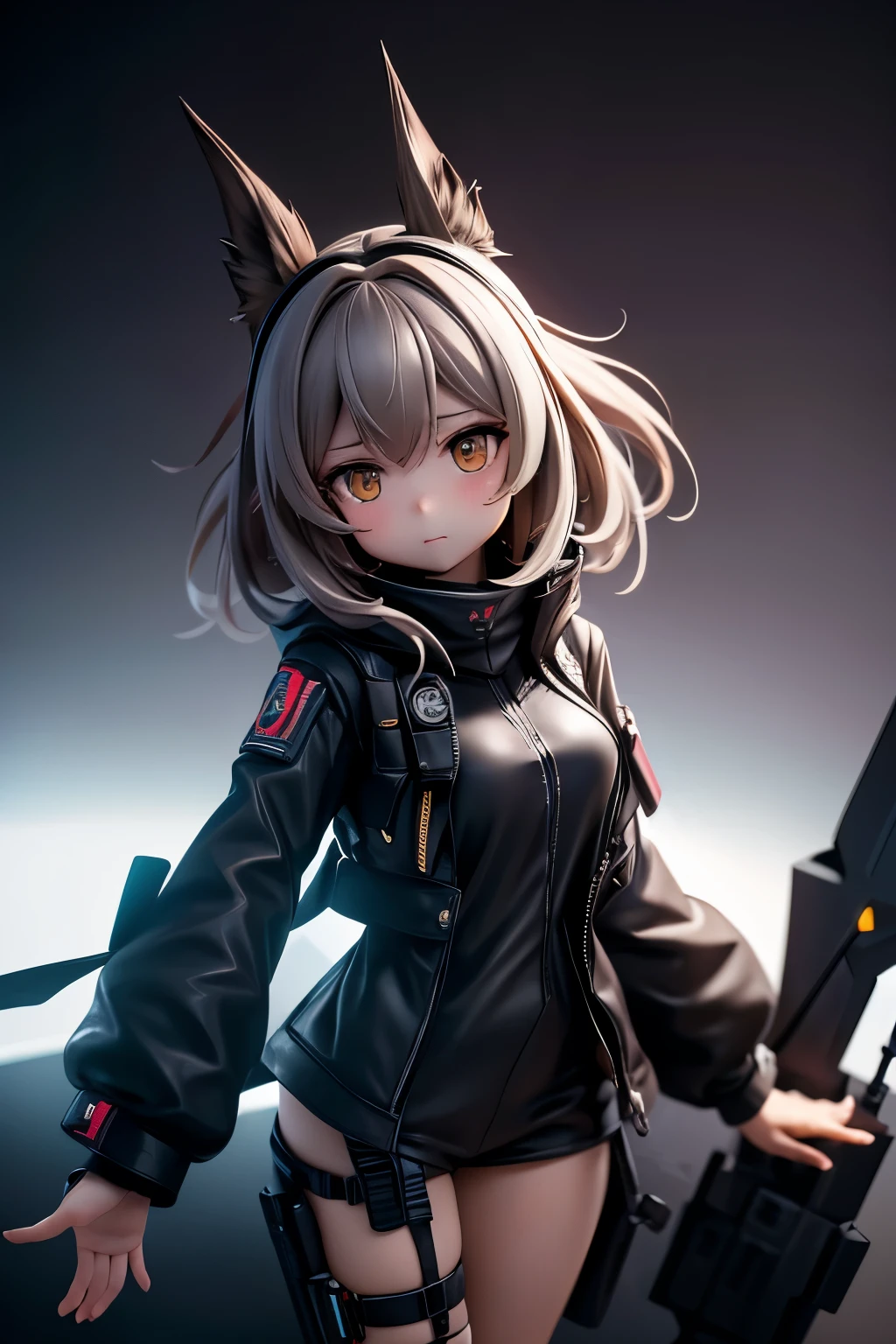 1girl, amiya \(arknights\), arknights, dirty face, outstretched hand, close-up, cinematic angle, foreshortening, dark, dark background, masterpiece, best quality