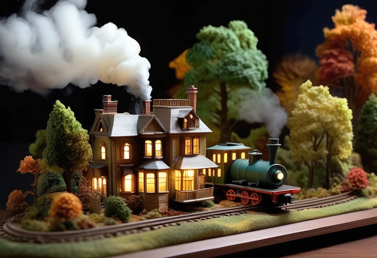 A miniature model of a charming, Victorian-style house with a lush garden and a steam train passing by, set against a backdrop of a fall forest. The house is lit up from within, creating a cozy and inviting atmosphere, while the train puffs out smoke, adding a sense of movement and life to the scene. The model is crafted with incredible detail, capturing the beauty of a bygone era. The overall mood is whimsical and nostalgic, evoking a sense of wonder and enchantment.

