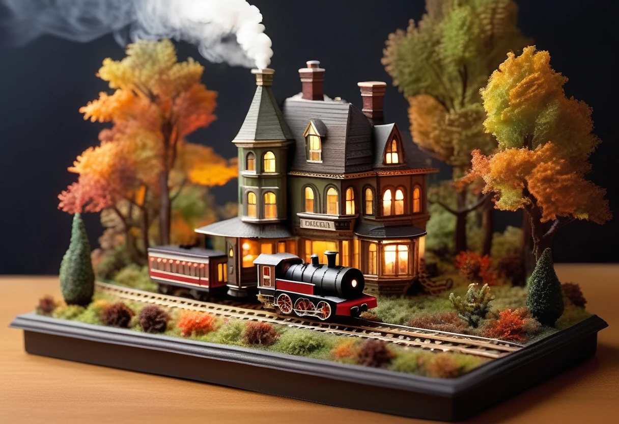 A miniature model of a charming, Victorian-style house with a lush garden and a steam train passing by, set against a backdrop of a fall forest. The house is lit up from within, creating a cozy and inviting atmosphere, while the train puffs out smoke, adding a sense of movement and life to the scene. The model is crafted with incredible detail, capturing the beauty of a bygone era. The overall mood is whimsical and nostalgic, evoking a sense of wonder and enchantment.

