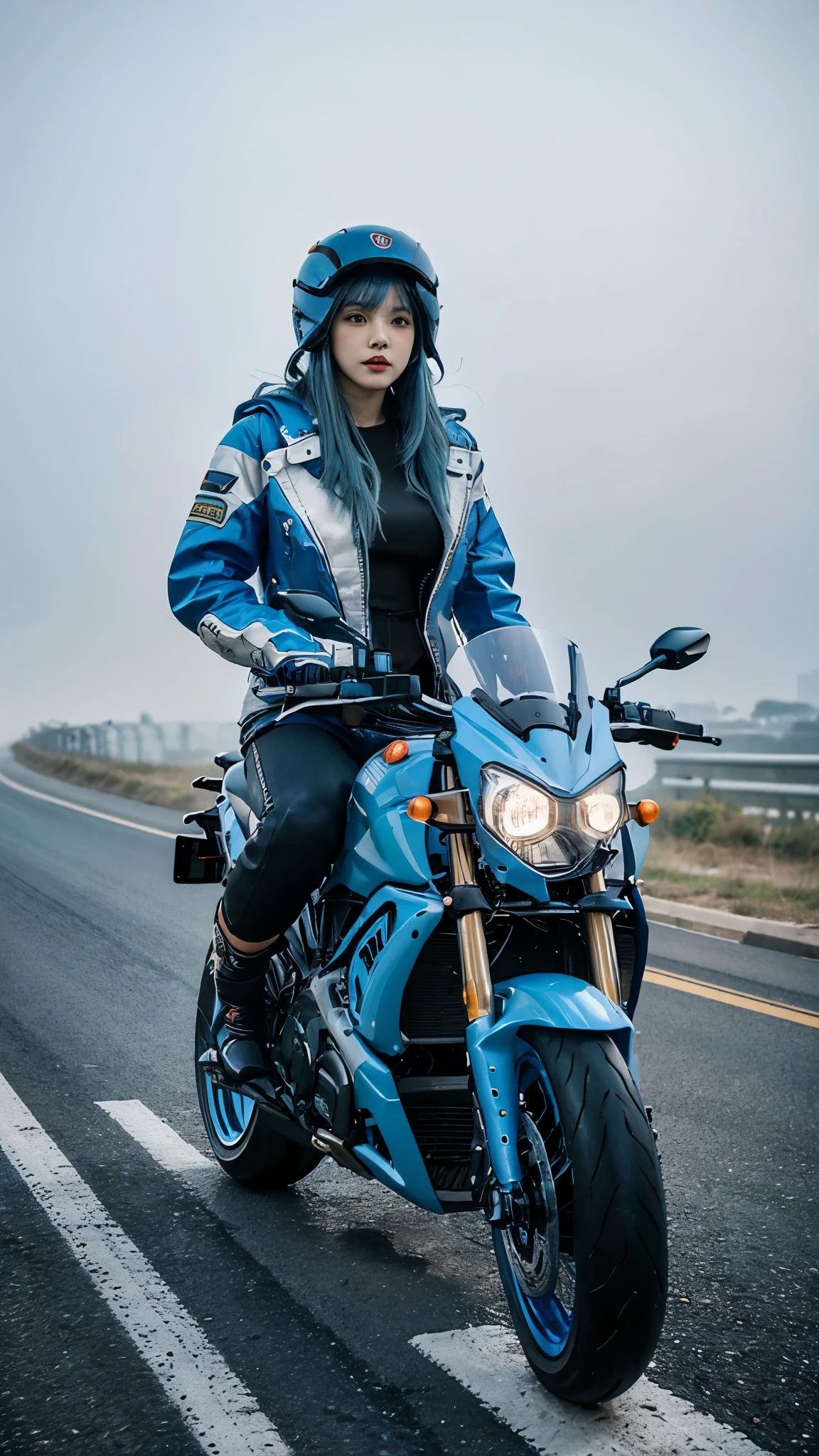 
realism,
1girl,solo,
ssugar008_jp_girl,(blue hair:1.4),long hair,asymmetric bangs,pointy hair,huge breasts,narrow_waist,slender,white skin,sweat,
techwear,gloves,long_sleeves,multicolored jacket,black pants,hood,bag,backpack,helmet,zipper,cyberpunk,
Ducati,driving a ducati motorcycle,(riding a motorcycle:1.3),(driving a motorcycle:1.3),white motorcycle,motorcycle,
ruanyi0730,(winter:1.2),dusk,(foggy weather:1.4),
(full body:1.4),(full_shot:1.4),front view,