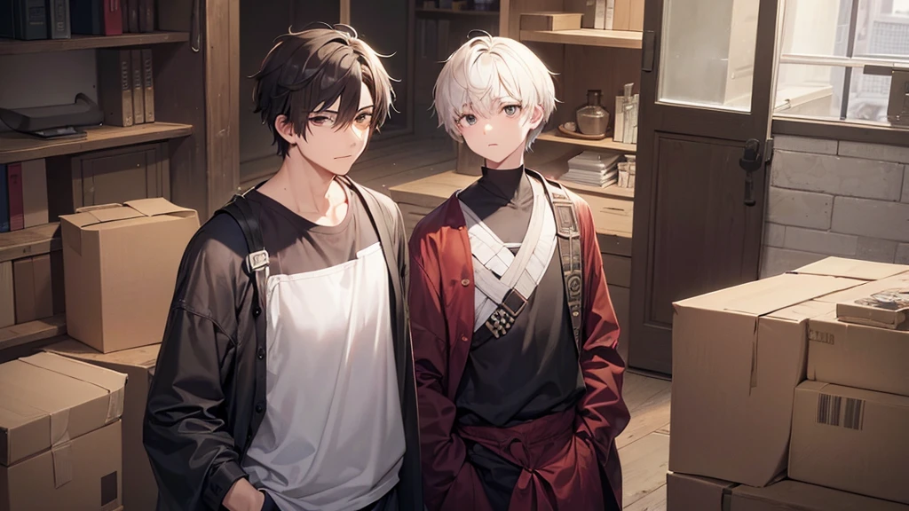 man, YOUNG, average height, Old clothes, tired eyes, short hair, eyes looking at the viewer, bandages on hands, whole body