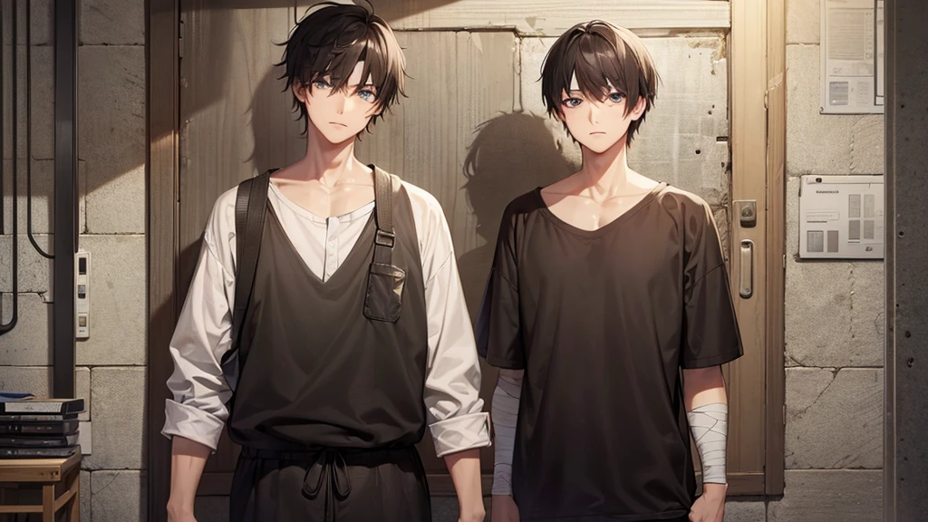 man, YOUNG, average height, Old clothes, tired eyes, short hair, eyes looking at the viewer, bandages on hands, whole body