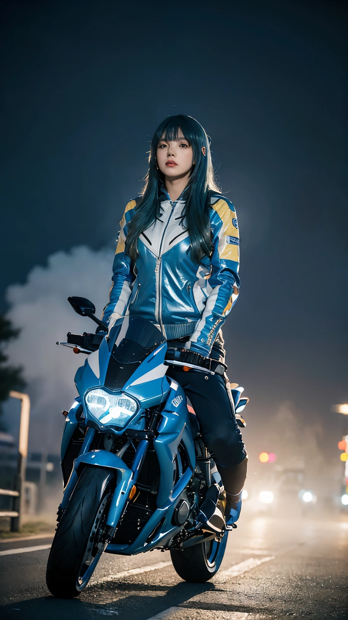 
realism,
1girl,solo,
ssugar008_jp_girl,(blue hair:1.4),long hair,asymmetric bangs,pointy hair,huge breasts,narrow_waist,slender,white skin,sweat,
techwear,gloves,long_sleeves,multicolored jacket,black pants,hood,bag,backpack,helmet,zipper,cyberpunk,
Ducati,driving a ducati motorcycle,(riding a motorcycle:1.3),(driving a motorcycle:1.3),white motorcycle,motorcycle,
ruanyi0730,(winter:1.2),dusk,(foggy weather:1.4),
(full body:1.4),(full_shot:1.4),front view,